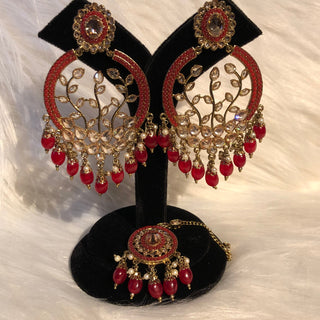 ALIA Designer Earring & Tikka Set - Ruby Red