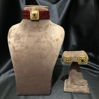 GLASS Choker Necklace Set - Maroon