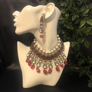 Kundan Necklace Set (Necklace, Earrings) - Golden / Ruby (Limited Edition)