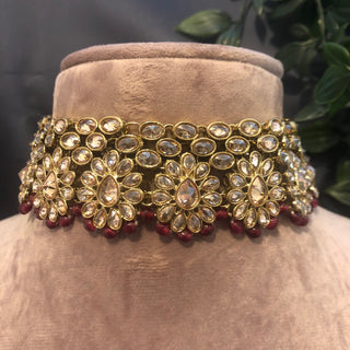 Pearly Antique Gold Necklace Set (Necklace, Earrings, Tikka) - Golden / Maroon