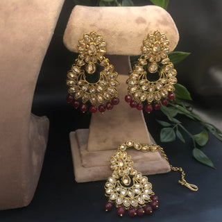 Pearly Antique Gold Necklace Set (Necklace, Earrings, Tikka) - Golden / Maroon