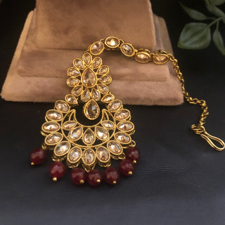 Pearly Antique Gold Necklace Set (Necklace, Earrings, Tikka) - Golden / Maroon