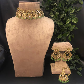 Pearly Antique Gold Necklace Set (Necklace, Earrings, Tikka) - Golden / Mint