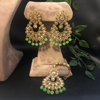 Pearly Antique Gold Necklace Set (Necklace, Earrings, Tikka) - Golden / Mint