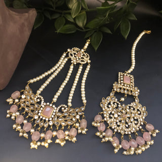 Pearly Antique Gold Necklace Set (Necklace, Earrings, Tikka) - Golden / Baby Pink