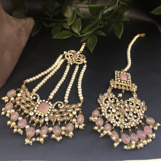 Pearly Antique Gold Necklace Set (Necklace, Earrings, Tikka) - Golden / Baby Pink