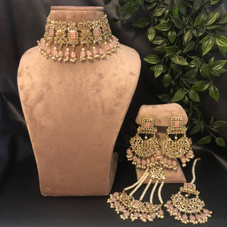 Pearly Antique Gold Necklace Set (Necklace, Earrings, Tikka) - Golden / Baby Pink