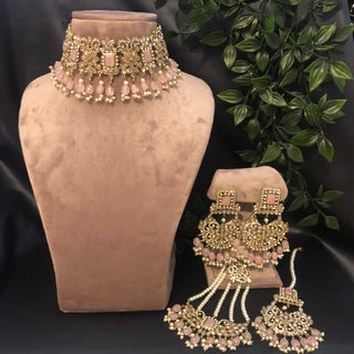 Pearly Antique Gold Necklace Set (Necklace, Earrings, Tikka) - Golden / Baby Pink