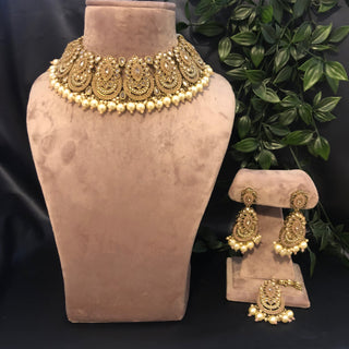 Pearly Antique Gold Necklace Set (Necklace, Earrings, Tikka) - Golden / Peachy Pink
