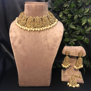 Pearly Antique Gold Necklace Set (Necklace, Earrings, Tikka) - Golden / Peachy Pink