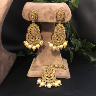 Pearly Antique Gold Necklace Set (Necklace, Earrings, Tikka) - Golden / Peachy Pink