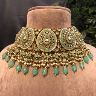 Pearly Antique Gold Necklace Set (Necklace, Earrings, Tikka) - Golden / Mint