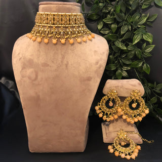 Pearly Antique Gold Necklace Set (Necklace, Earrings, Tikka) - Golden / Peach