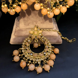 Pearly Antique Gold Necklace Set (Necklace, Earrings, Tikka) - Golden / Peach