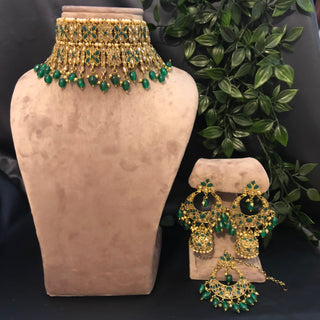 Pearly Antique Gold, Double Choker Necklace Set (Necklace, Earrings, Tikka) - Golden / Emerald Green