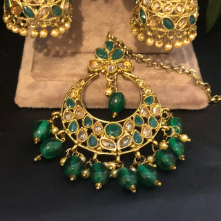 Pearly Antique Gold, Double Choker Necklace Set (Necklace, Earrings, Tikka) - Golden / Emerald Green