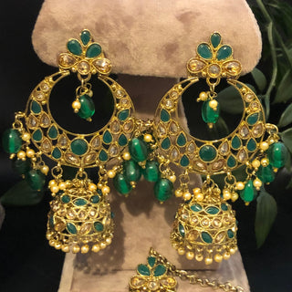 Pearly Antique Gold, Double Choker Necklace Set (Necklace, Earrings, Tikka) - Golden / Emerald Green