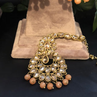 Pearly Antique Gold Necklace Set (Necklace, Earrings, Tikka) - Golden / Peach