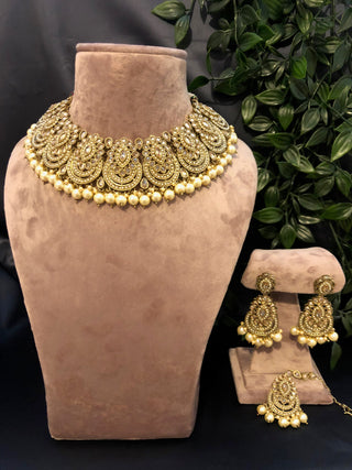 Pearly Antique Gold Necklace Set (Necklace, Earrings, Tikka) - Gold