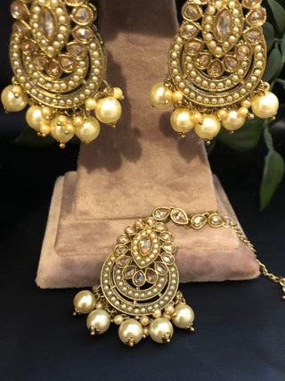 Pearly Antique Gold Necklace Set (Necklace, Earrings, Tikka) - Gold