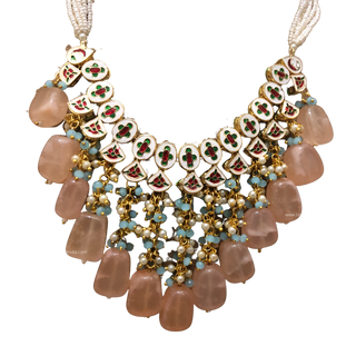 MISHA Kundan Necklace Set (Peach, Sky Blue Combo)