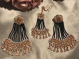 American Diamond Style Statement Earring & Tikka Set - Rose Gold & Navy