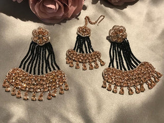 American Diamond Style Statement Earring & Tikka Set - Rose Gold & Navy