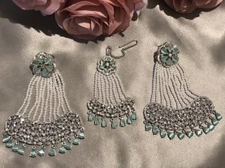 American Diamond Style Statement Earring & Tikka Set - Mint / Silver