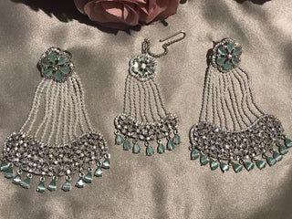 American Diamond Style Statement Earring & Tikka Set - Mint / Silver