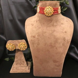 Luxury coral and peach beaded Kundan choker necklace set with matching earrings, elegant statement jewelry for South Asian bridal weddings and receptions.