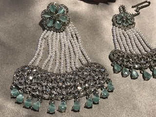 American Diamond Style Statement Earring & Tikka Set - Mint / Silver