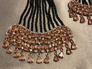 American Diamond Style Statement Earring & Tikka Set - Rose Gold & Navy