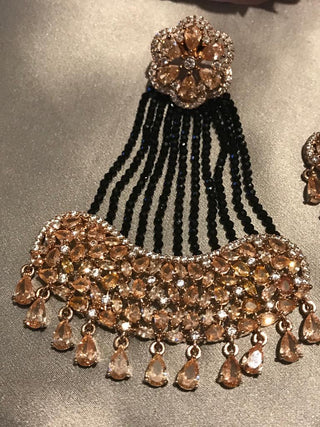 American Diamond Style Statement Earring & Tikka Set - Rose Gold & Navy