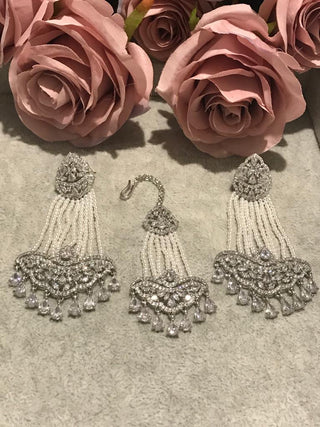 American Diamond Style Earring & Tikka Set - Silver