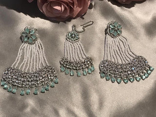 American Diamond Style Statement Earring & Tikka Set - Mint / Silver