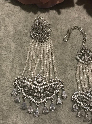 American Diamond Style Earring & Tikka Set - Silver