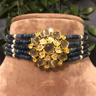 Luxury grey beaded Kundan choker necklace set with matching earrings, elegant statement jewelry for South Asian bridal weddings and receptions.