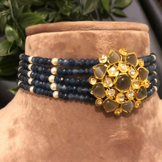 Luxury grey beaded Kundan choker necklace set with matching earrings, elegant statement jewelry for South Asian bridal weddings and receptions.
