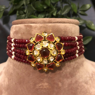 Luxury maroon beaded Kundan choker necklace set with matching earrings, elegant statement jewelry for South Asian bridal weddings and receptions.