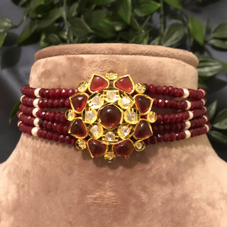Luxury maroon beaded Kundan choker necklace set with matching earrings, elegant statement jewelry for South Asian bridal weddings and receptions.