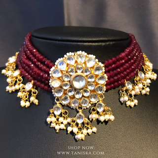 Luxury maroon multi-strand beaded Pachi Kundan choker necklace set, an exquisite statement piece for South Asian bridal weddings and nikah ceremonies, as seen in www.taniska.com