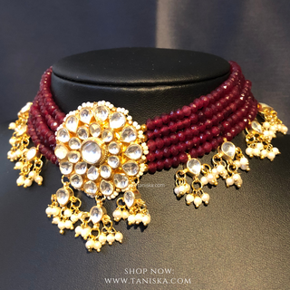 Luxury maroon multi-strand beaded Pachi Kundan choker necklace set, an exquisite statement piece for South Asian bridal weddings and nikah ceremonies, as seen in www.taniska.com
