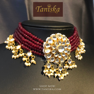 Luxury maroon multi-strand beaded Pachi Kundan choker necklace set, an exquisite statement piece for South Asian bridal weddings and nikah ceremonies, as seen in www.taniska.com
