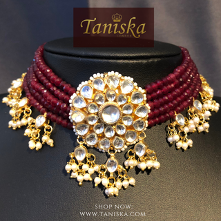 Luxury maroon multi-strand beaded Pachi Kundan choker necklace set, an exquisite statement piece for South Asian bridal weddings and nikah ceremonies, as seen in www.taniska.com
