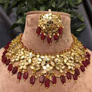 Luxury maroon glass work Kundan bridal necklace set with matching earrings and headpiece, statement jewelry for South Asian weddings and nikah ceremonies.