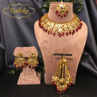 Luxury maroon glass work Kundan bridal necklace set with matching earrings and headpiece, statement jewelry for South Asian weddings and nikah ceremonies.