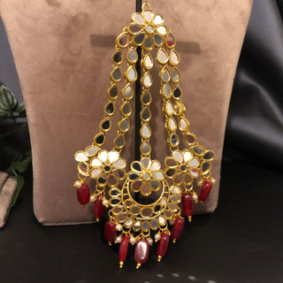 Luxury maroon glass work Kundan bridal necklace set with matching earrings and headpiece, statement jewelry for South Asian weddings and nikah ceremonies.