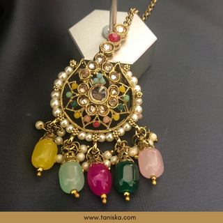 Luxury multicolor beaded Kundan bridal necklace set with matching earrings and maang tikka, vibrant statement jewelry for South Asian weddings and festive celebrations.