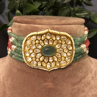 Luxury multicolor beaded Kundan choker necklace set featuring mint green and soft pink beads with matching earrings, elegant statement jewelry for South Asian bridal weddings and festive receptions.