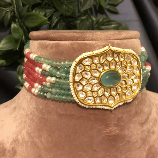 Luxury multicolor beaded Kundan choker necklace set featuring mint green and soft pink beads with matching earrings, elegant statement jewelry for South Asian bridal weddings and festive receptions.